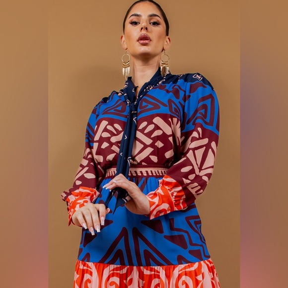 NWOT Bow Tie Blouse and Tiered Maxi Skirt Set in Multi Colors - Picture 5 of 8